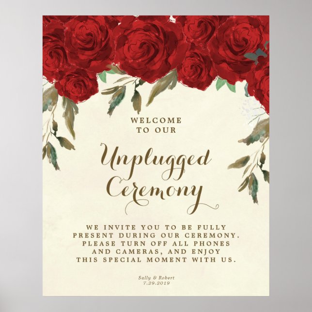 red roses unplugged wedding ceremony sign (Front)
