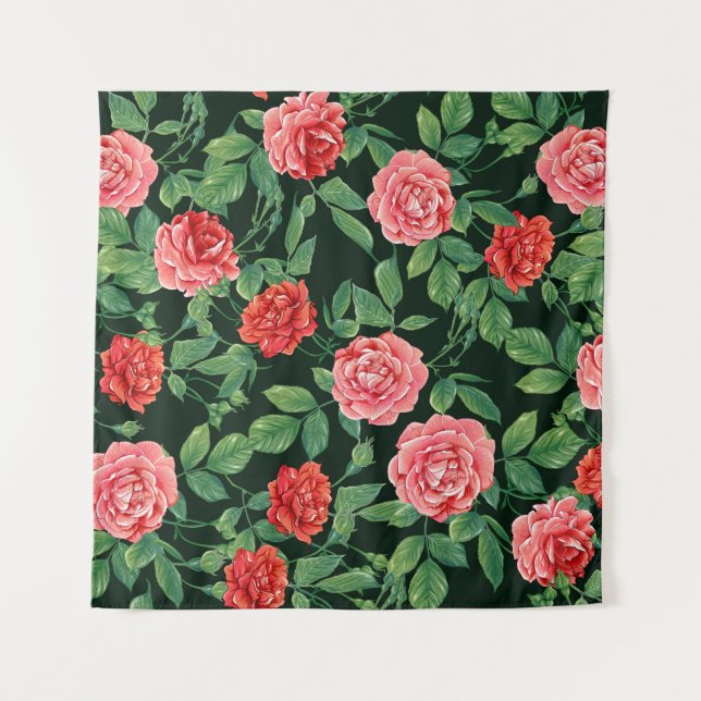 Red Roses Vintage Black Pattern Tapestry (Front)