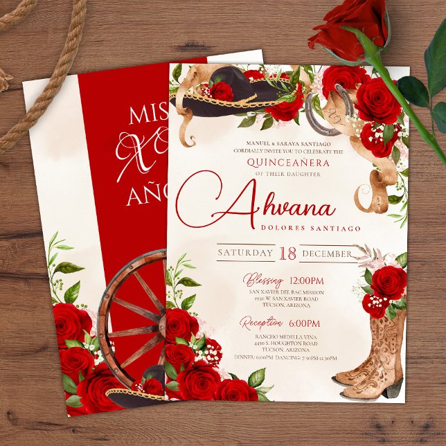 Red Roses Vintage Charro Western Quinceanera Invitation (Creator Uploaded)