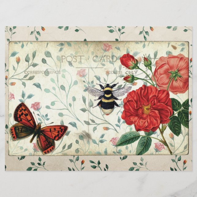 Red Roses Vintage Postcard Scrapbook Paper (Front)