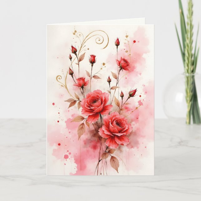 Red Roses Watercolor Anniversary Valentine's Day Card (Front)