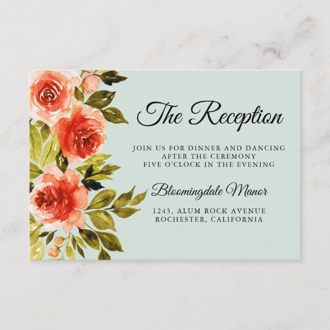 Red Roses Watercolor Botanical Wedding Reception Enclosure Card (Front)