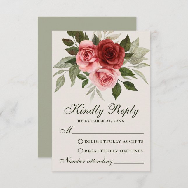 Red Roses Watercolor Botanical Wedding RSVP Card (Front/Back)
