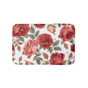 Red Roses Watercolor Floral Botanical Painted Bath Mat