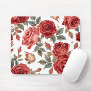 Red Roses Watercolor Floral Botanical Painted Mouse Mat