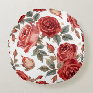Red Roses Watercolor Floral Botanical Painted Round Cushion