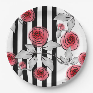 Red roses, watercolor roses paper plate