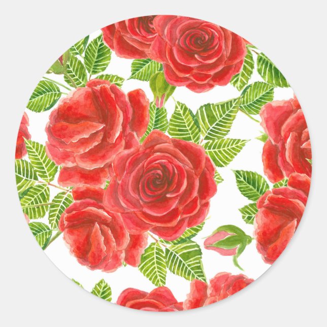 Red roses watercolor seamless pattern classic round sticker (Front)