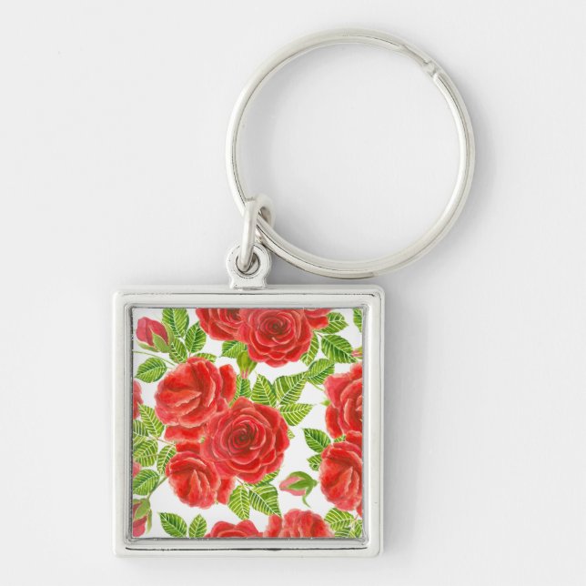 Red roses watercolor seamless pattern key ring (Front)