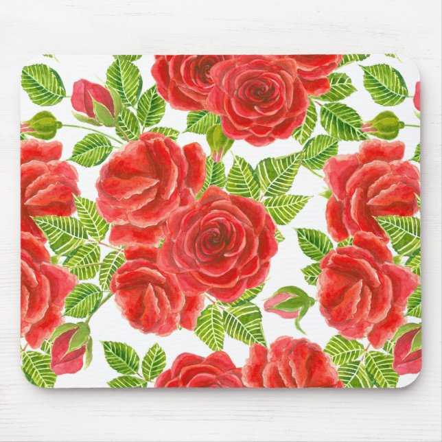 Red roses watercolor seamless pattern mouse mat (Front)