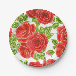 Red roses watercolor seamless pattern paper plate
