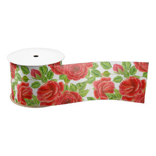 Red roses watercolor seamless pattern satin ribbon