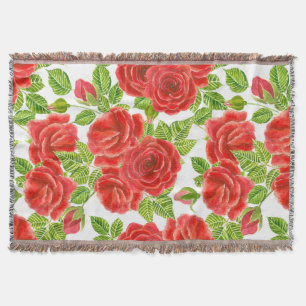 Red roses watercolor seamless pattern throw blanket