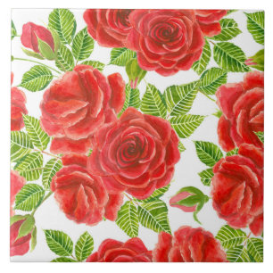 Red roses watercolor seamless pattern tile