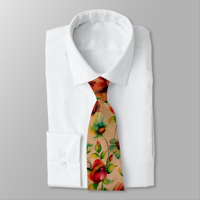 Red Roses Watercolors On Blonde Wood Pattern Tie (Tied)