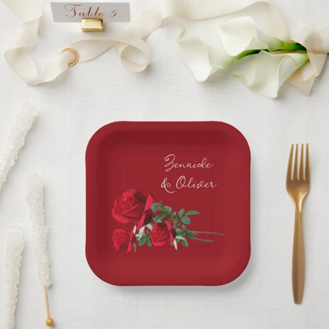 Red Roses Wedding Personalised Paper Plates (Wedding)