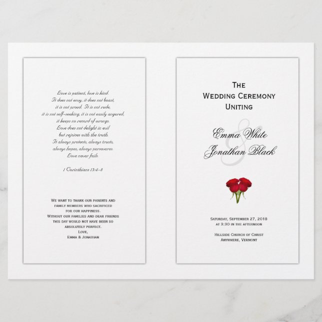 Red Roses Wedding Program Template (Front)