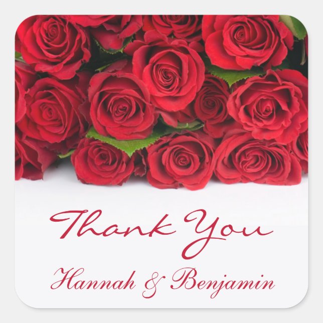 Red roses Wedding Thank You Square Sticker (Front)