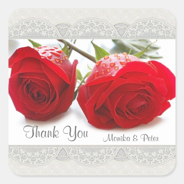 Red roses Wedding Thank You Sticker (Front)