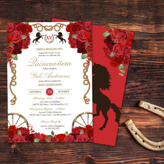 Red Roses Western Charra Quinceañera Invitation (Creator Uploaded)