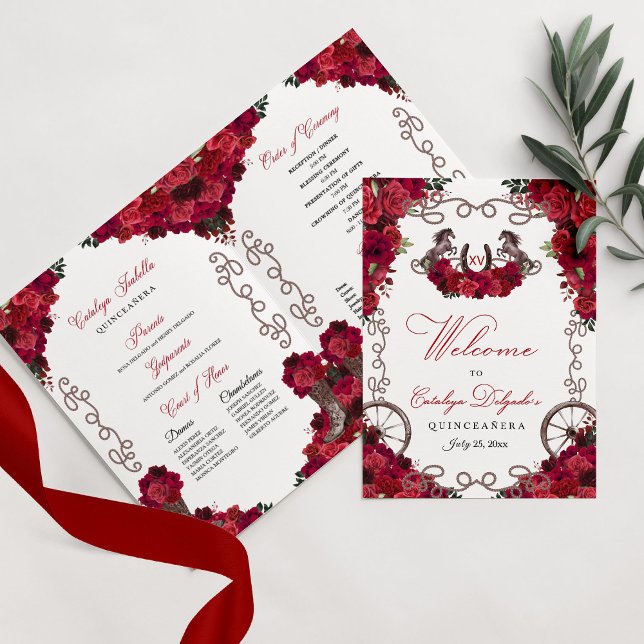 Red Roses Western Charro Quinceañera Program Invitation (Creator Uploaded)