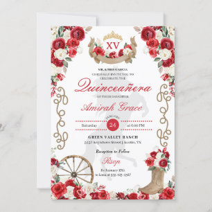 Red Roses Western Cowgirl Quinceañera Invitation