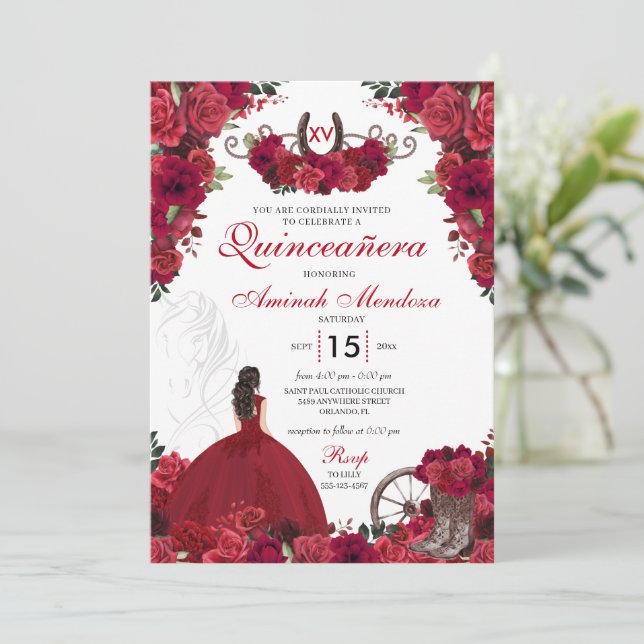 Red Roses Western Princess Charra Quinceanera Invitation (Standing Front)