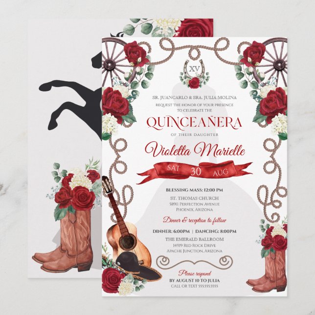 Red Roses Western Quinceañera Elegant Charro Invitation (Front/Back)
