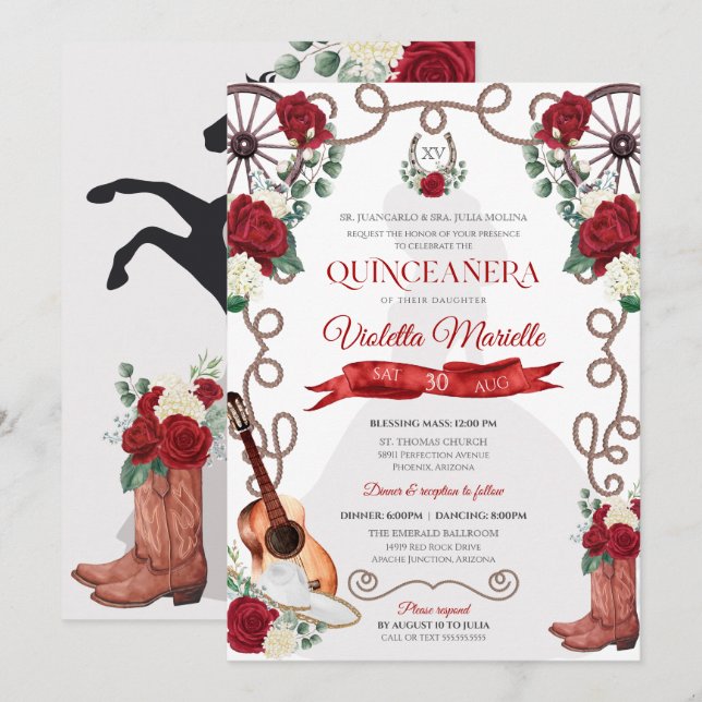 Red Roses Western Quinceanera Elegant Charro Invitation (Front/Back)