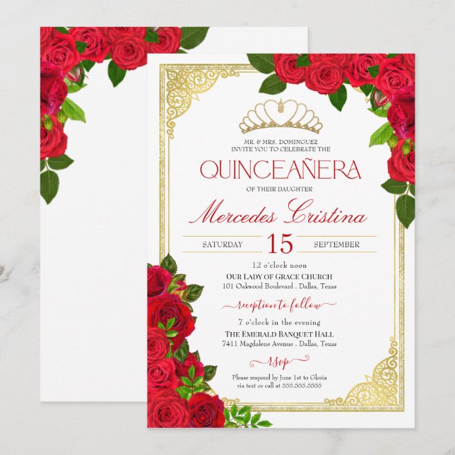 Red Roses White and Gold Elegant Quinceañera Invitation (Front/Back)
