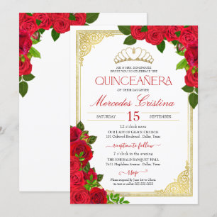 Red Roses White and Gold Elegant Quinceañera Invitation