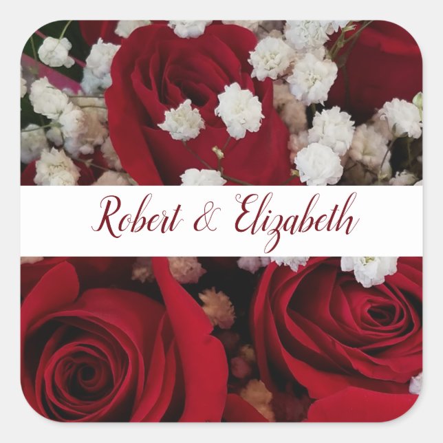 Red Roses white banner wedding sticker (Front)