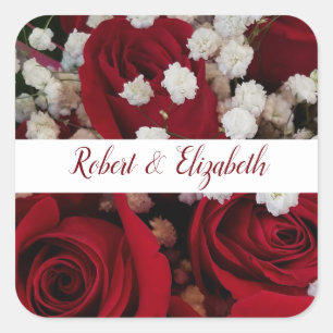 Red Roses white banner wedding sticker