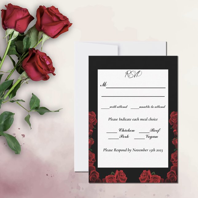 Red Roses White Black Elegance Timeless Wedding RSVP Card (Creator Uploaded)
