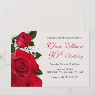 Red roses, white flowers 90th Birthday Invitation