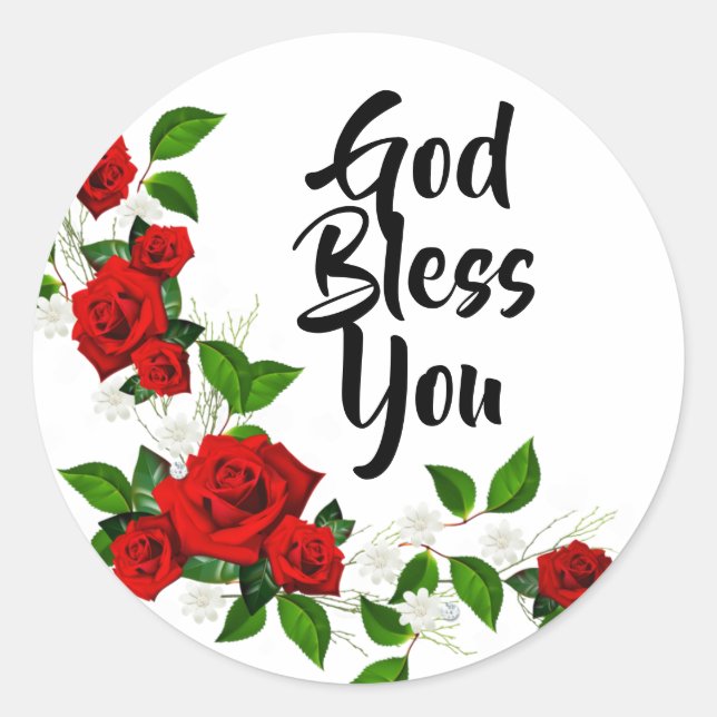 Red Roses white flowers God Bless You Classic Round Sticker (Front)