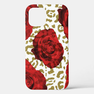 Red Roses White Gold Cheetah Leopard Animal Print iPhone 12 Case