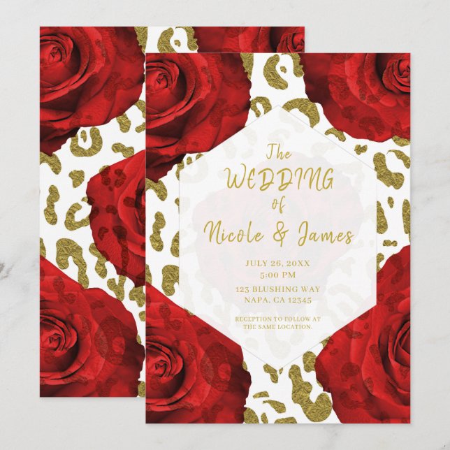 Red Roses White Gold Cheetah Leopard Chic Wedding Invitation (Front/Back)