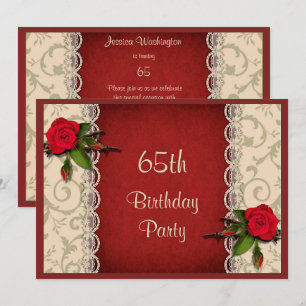 Red Roses & White Lace 65th Birthday Party Invitation
