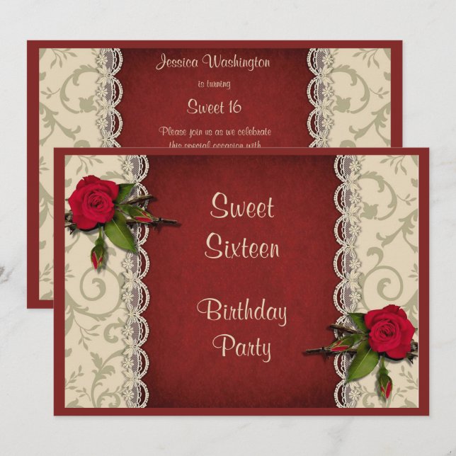 Red Roses & White Lace Sweet 16 Birthday Party Invitation (Front/Back)
