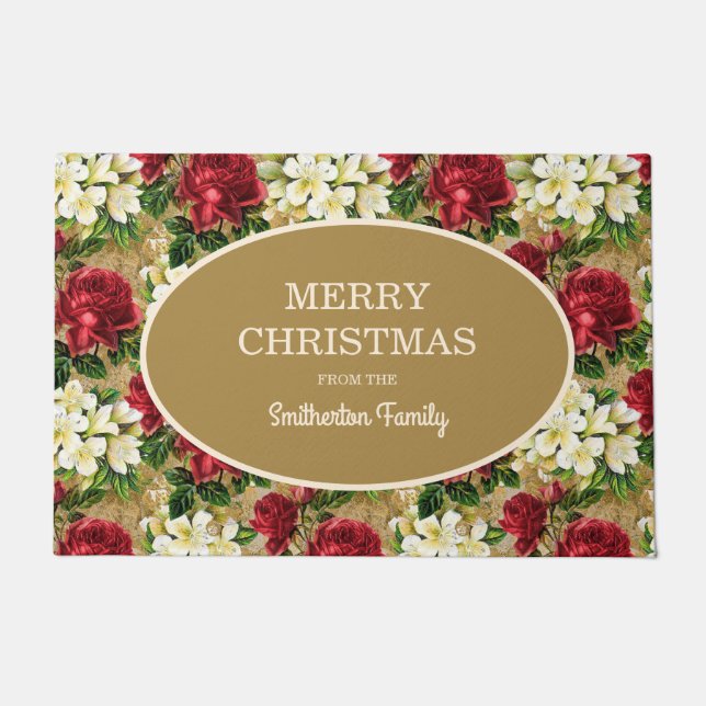 Red Roses White Lilies Merry Christmas Family Name Doormat (Front)
