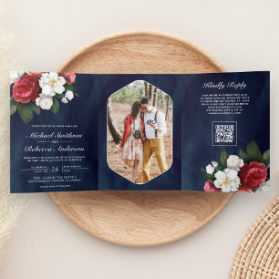 Red Roses White Magnolia Navy Blue QR Code Wedding Tri-Fold Invitation
