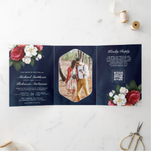 Red Roses White Magnolia Navy Blue QR Code Wedding Tri-Fold Invitation