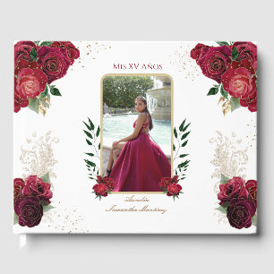 Red Roses, White, Quinceañera Libro de Firmas Guest Book