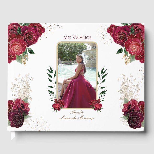 Red Roses, White, Quinceañera Libro de Firmas Guest Book (Front)