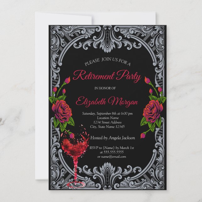 Red Roses,Wine Glass Gothic Retirement  Invitation (Front)