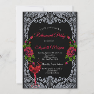 Red Roses,Wine Glass Gothic Retirement  Invitation