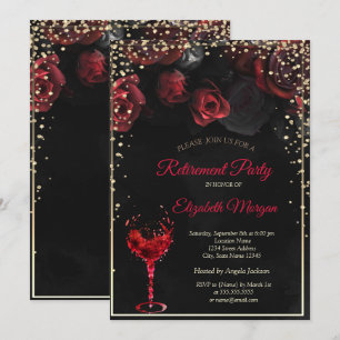 Red Roses,Wine Glass Retirement Part  Invitation