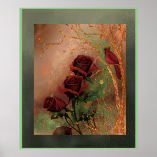 Red Roses with a bird Poster