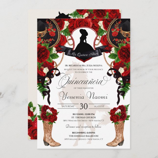 Red Roses with Crest Charro Western Elegant Quince Invitation (Front/Back)